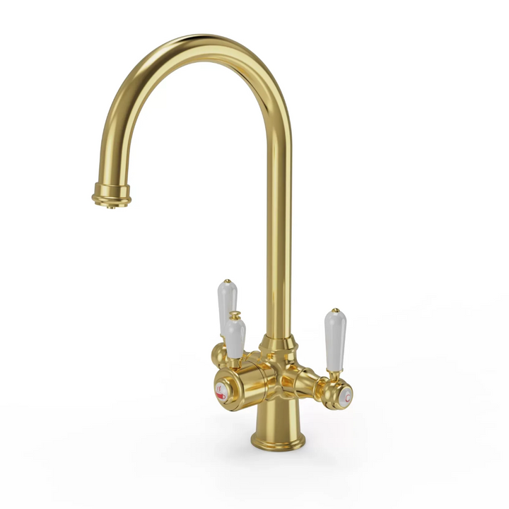 Traditional Cruciform 3-in1 Hot Water Kitchen Tap inc Boiler and Filter - Brushed Brass Finish