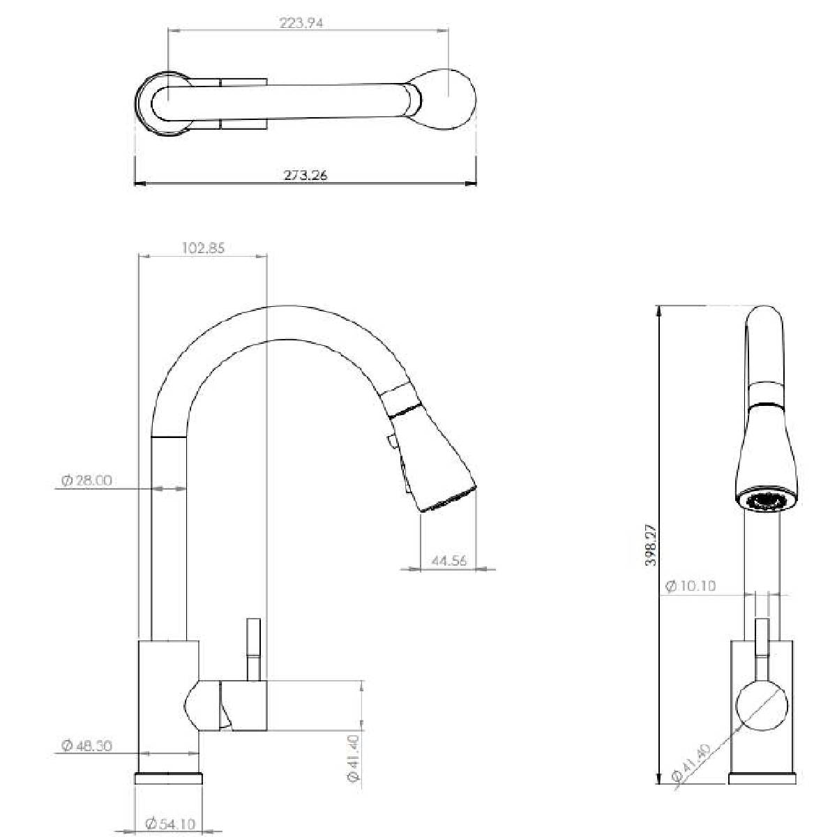Ellsi Kitchen Sink Mixer with Pull out Spray and Swivel Spout - Brushed Brass - Technical drawing