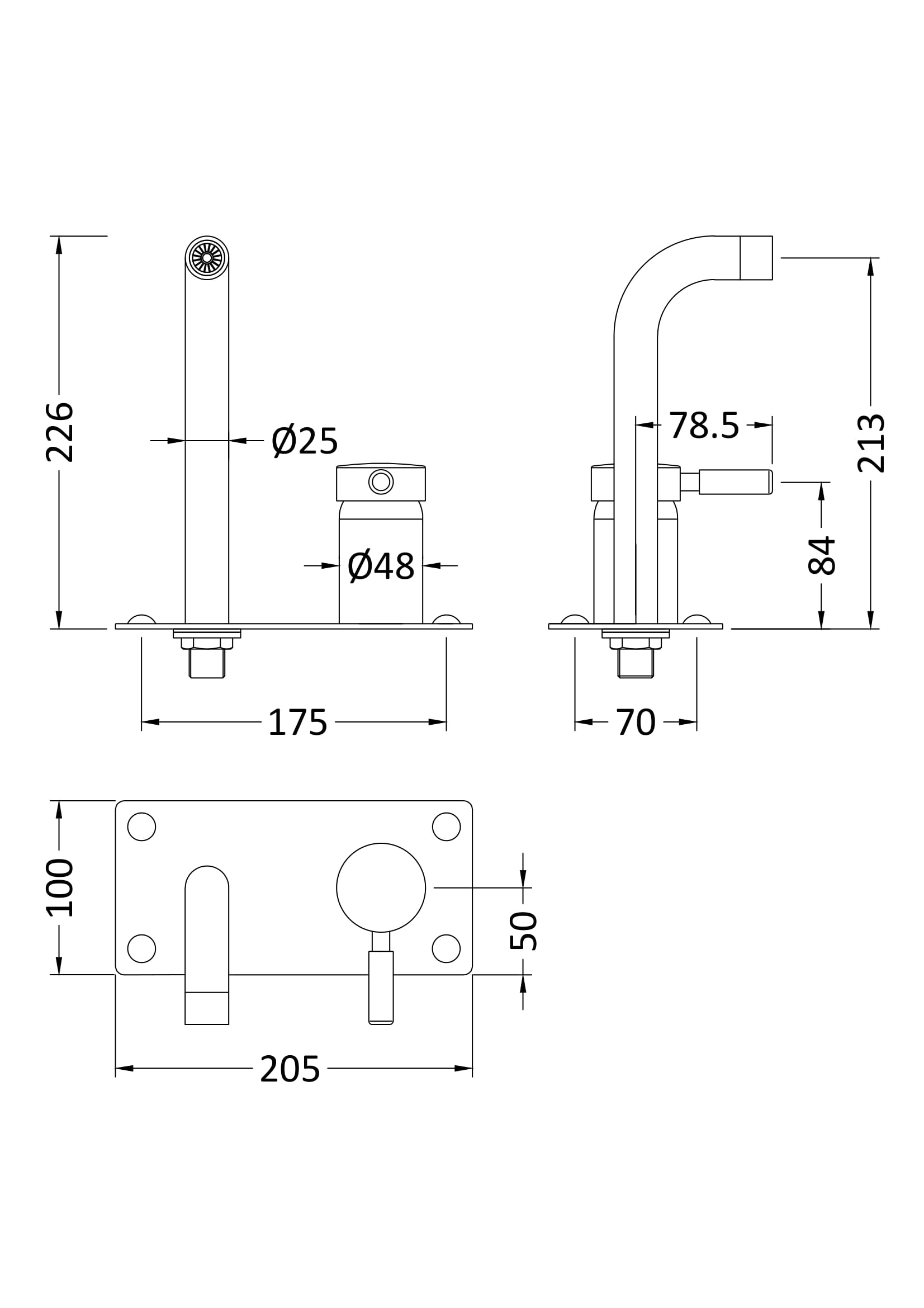 Hudson Reed Tec Single Lever Wall Mounted Basin Bath Filler - Brushed Brass - Technical drawing