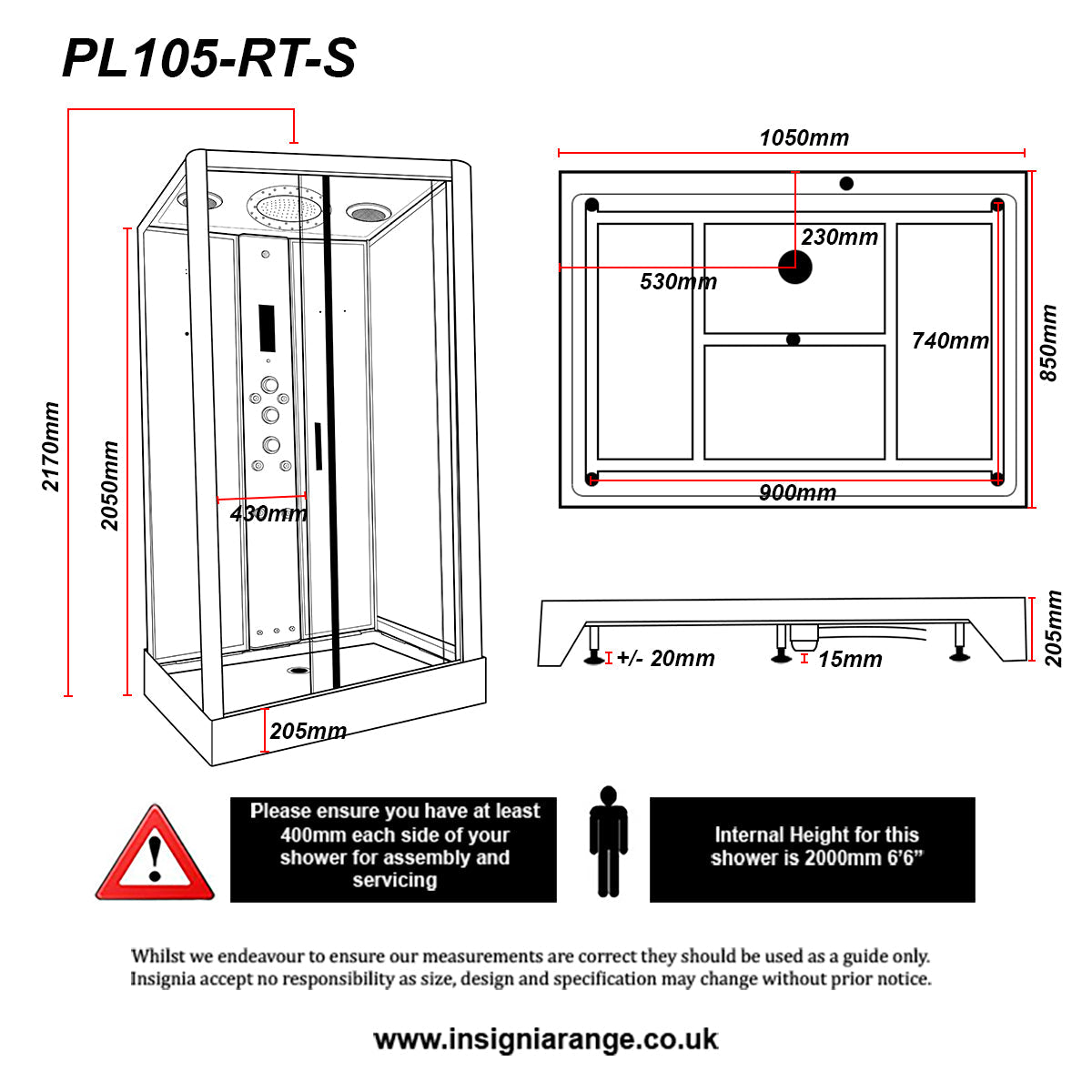 Insignia Platinum 1050 x 850mm Rectangle Steam Shower Cabin - Chrome - Technical drawing