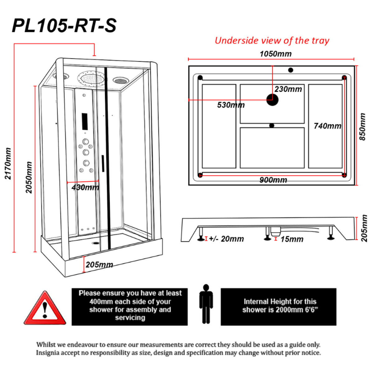 Insignia Platinum Steam Shower 1050 x 850mm - Chrome Frame - Black Carbon - Technical drawing