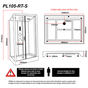 Insignia Platinum Steam Shower 1050 x 850mm - Chrome Frame - Black Carbon - Technical drawing