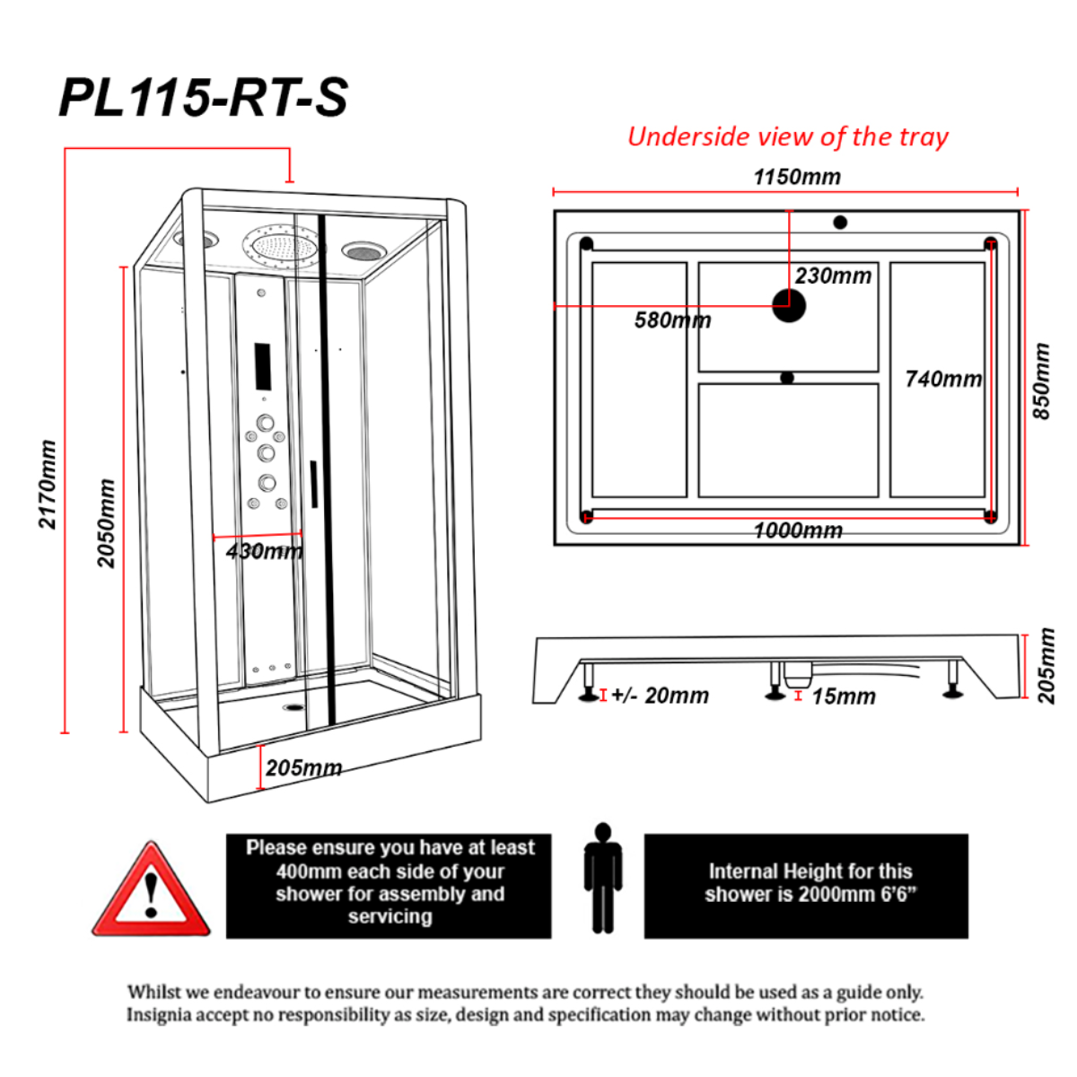 Insignia Platinum Rectangle Shower Cabin - 1150 x 850mm - Matt White - Technical drawing