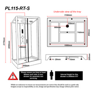 Insignia Platinum Rectangle Shower Cabin - 1150 x 850mm - Matt White - Technical drawing