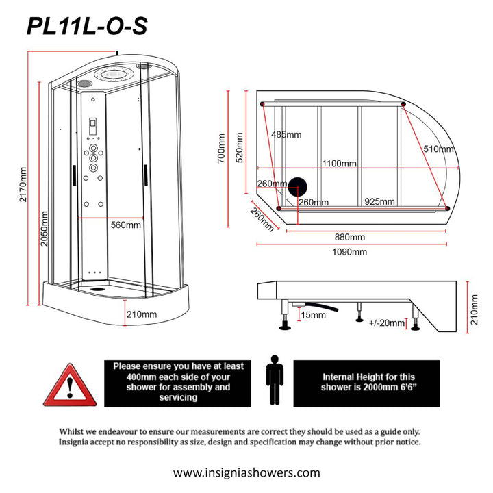 Insignia Platinum 1100 x 700mm Quadrant Steam Shower Enclosure with Black Frame PL11L-OBF-CG-S - Left Hand