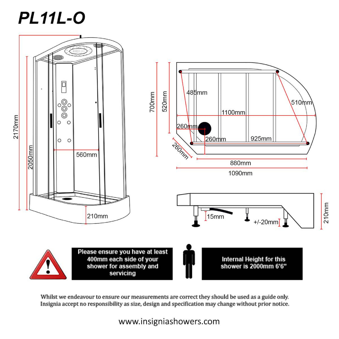 Insignia Platinum 1100 x 700mm Quadrant Shower Cabin with Black Frame PL11L-OBF-CG - Left Hand