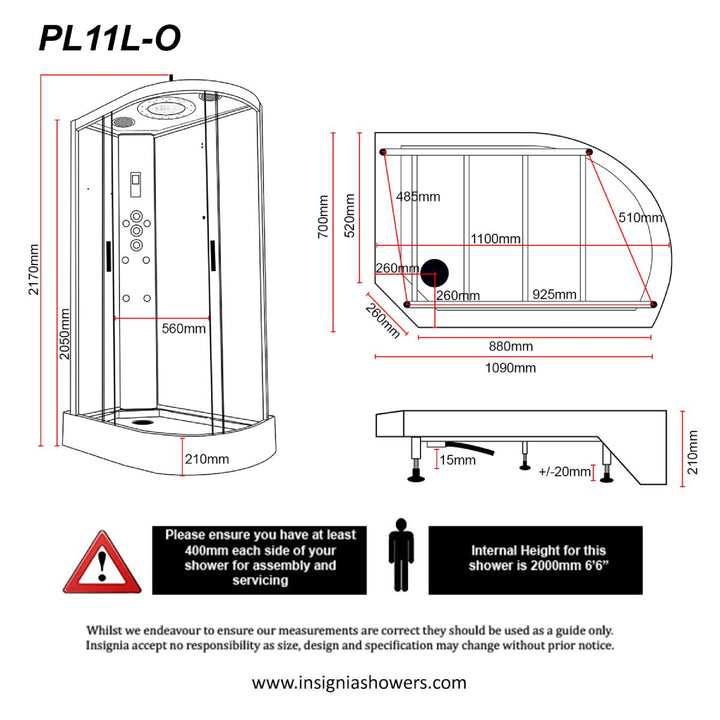 Insignia Platinum 1100 x 700mm Quadrant Shower Cabin with Black Frame PL11L-OBF-CG - Left Hand