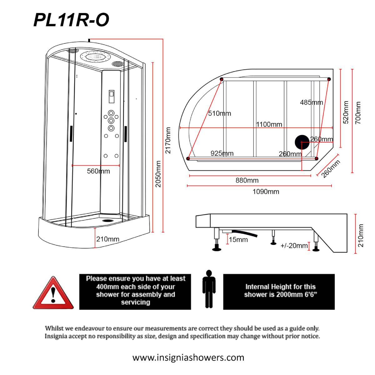 Insignia Platinum 1100 x 700mm Quadrant Shower Cabin with Black Frame PL11R-OBF-CG - Right Hand - Technical drawing