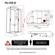Insignia Platinum 1100 x 700mm Quadrant Shower Cabin with Black Frame PL11R-OBF-CG - Right Hand - Technical drawing
