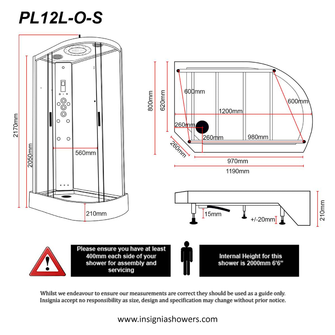 Insignia Platinum 1200 x 800mm Offset Steam Shower Enclosure PL12L-OCF-CG-S - Left Hand