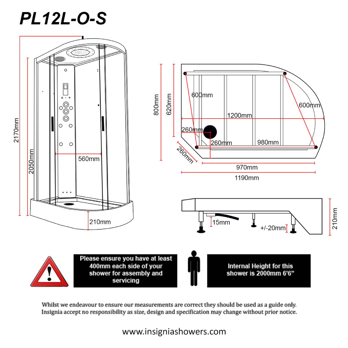Insignia Platinum 1200 x 800mm Offset Steam Shower Enclosure PL12L-OCF-CG-S - Left Hand - Technical drawing