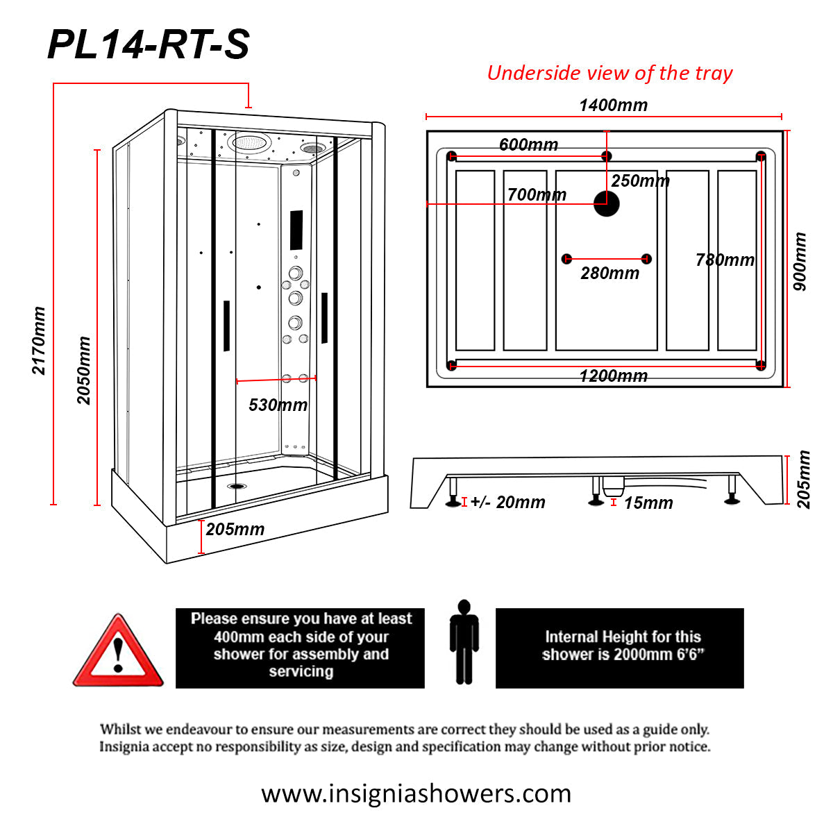 Insignia Platinum 1400 x 900mm Twin Shower Steam Shower Cabin - Chrome - Technical drawing