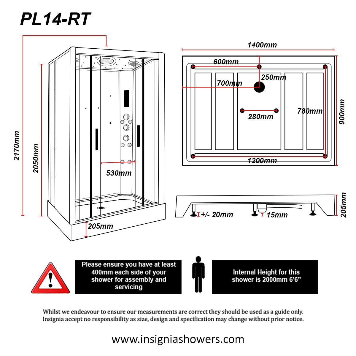 Insignia Platinum 1400 x 900mm Twin Shower Cabin - Black - Technical drawing