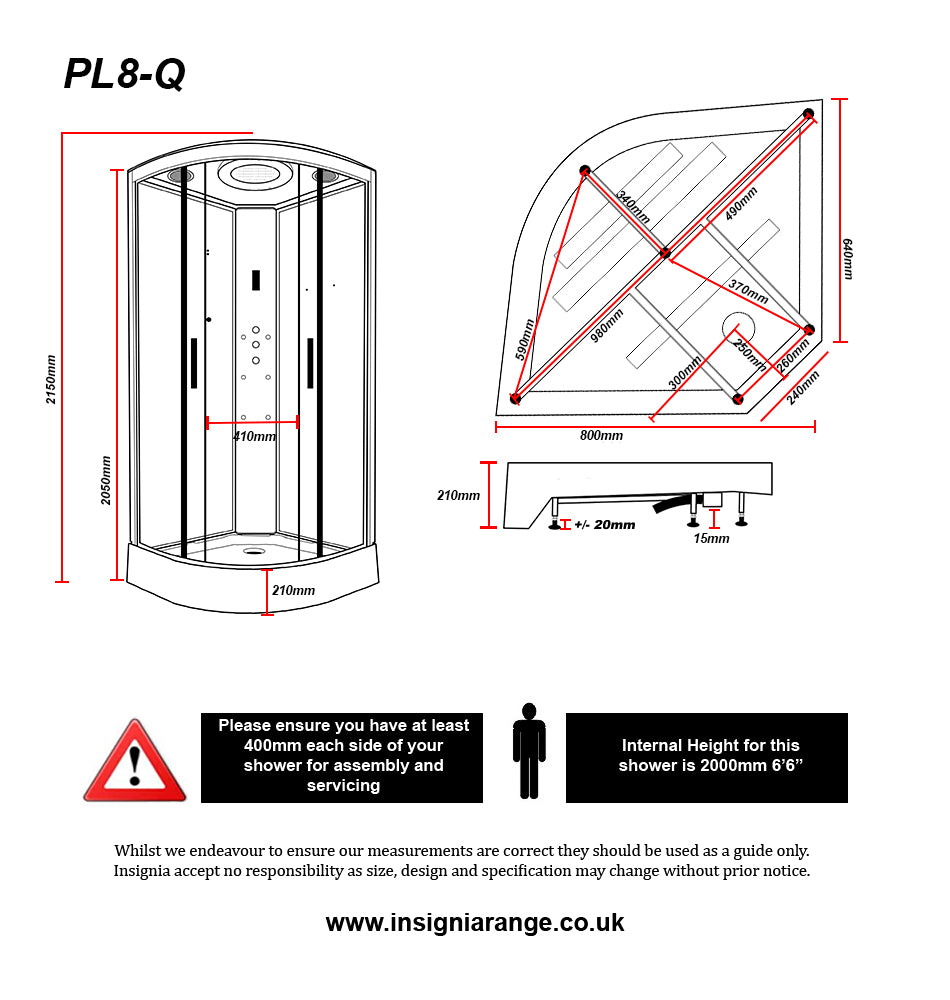 Platinum Steam Shower 800x800mm - Chrome Frame/Clear Glass - Mirror - Technical drawing