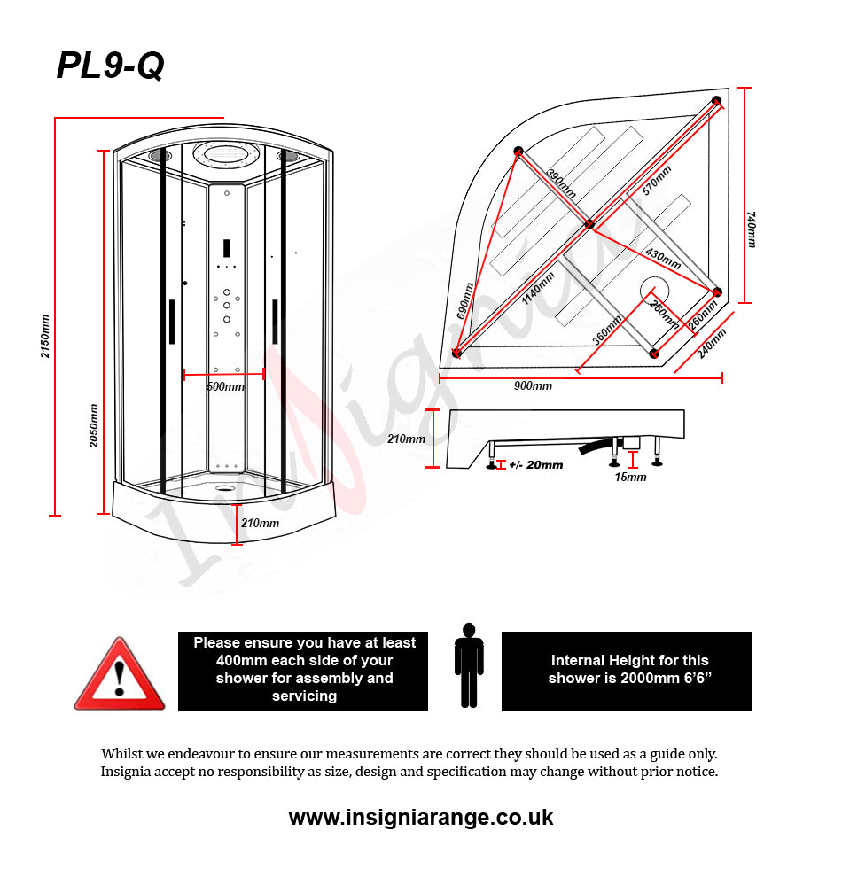 Insignia Quadrant Platinum Steam Shower Cabin 900 X 900 Black Frame - Technical drawing