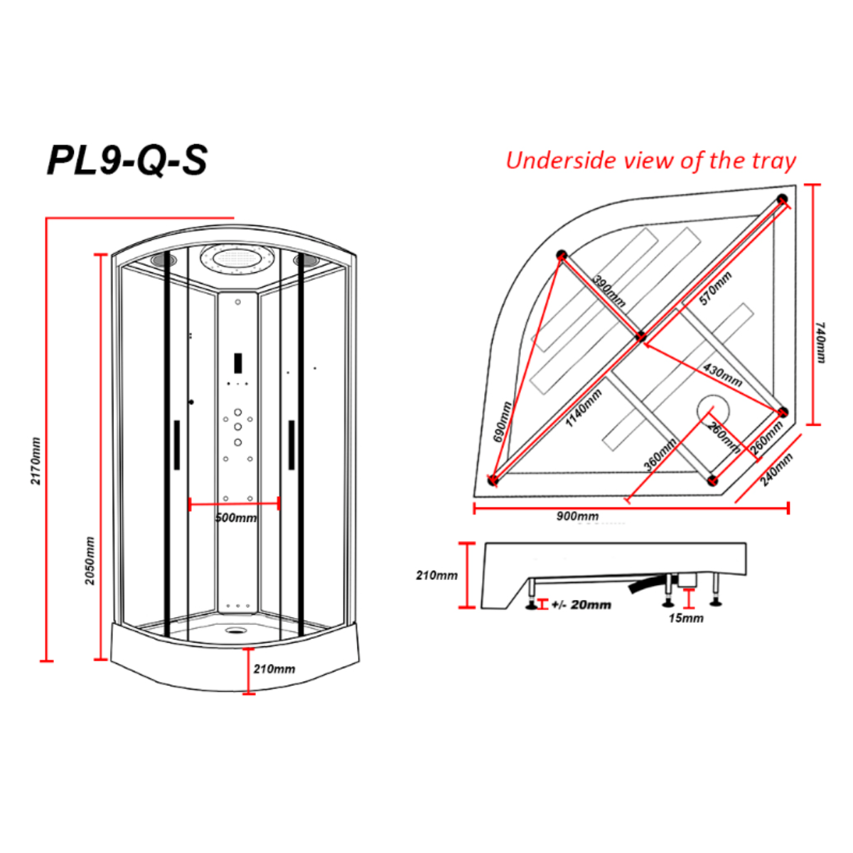 Insignia Platinum 900mm Quadrant Steam Shower - Chrome Frame/Clear Glass - Technical drawing