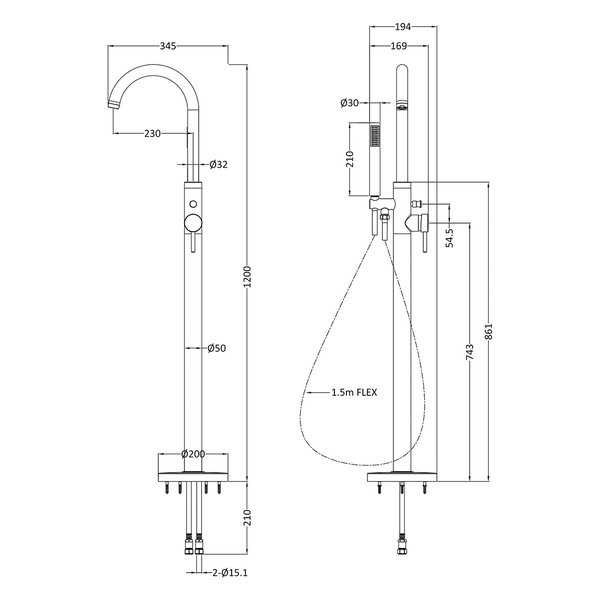 Hudson Reed Tec Floor Standing Bath Shower Mixer - Brushed Brass - Technical drawing