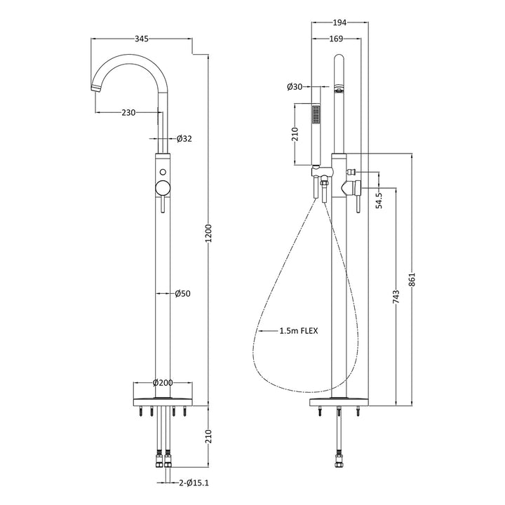 Hudson Reed Tec Floor Standing Bath Shower Mixer - Brushed Brass