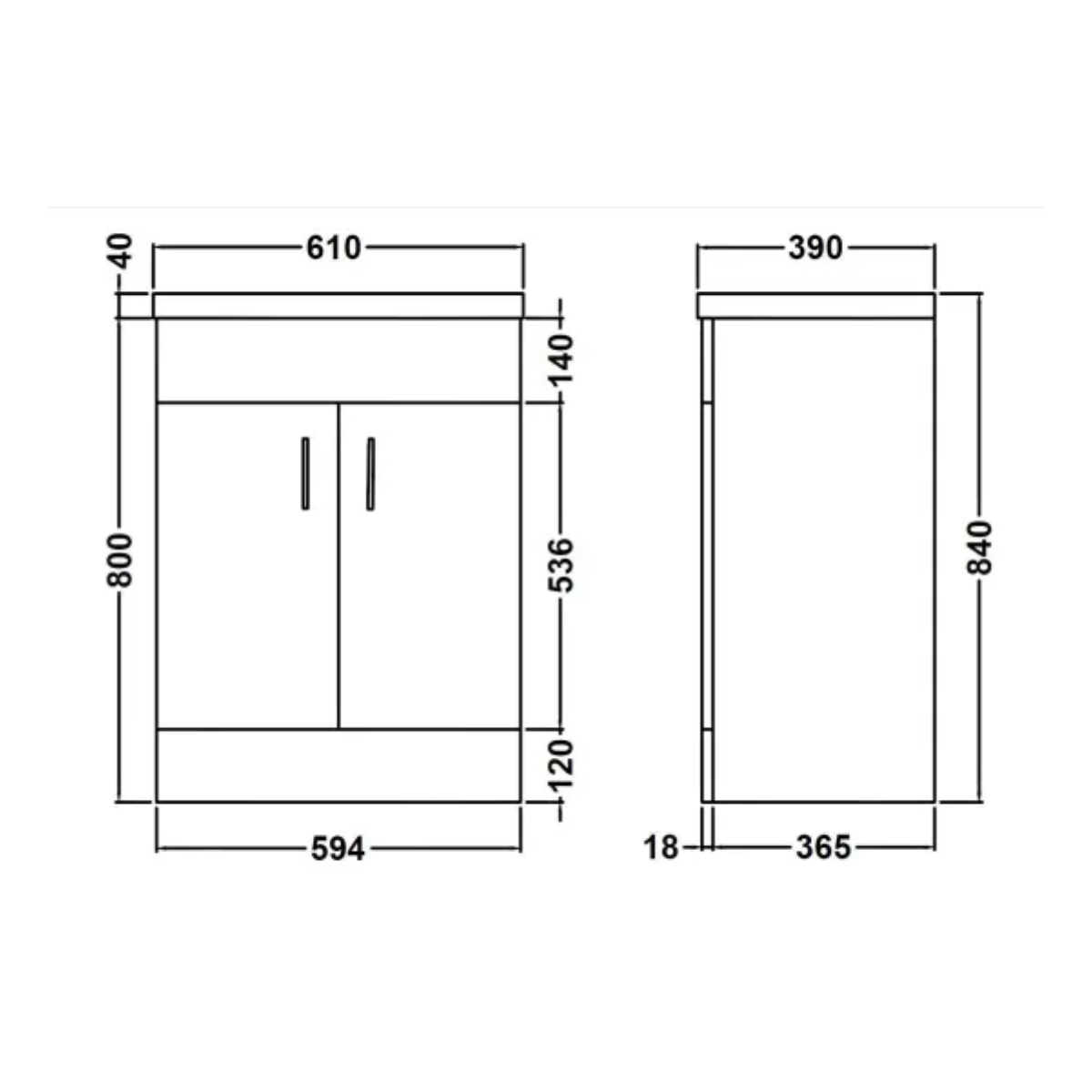 Nuie Floor Standing 600mm Vanity Unit with Basin - Gloss White - Technical drawing