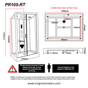 Insignia Premium 1050 x 850mm Rectangle Shower Cabin - Chrome - Technical drawing