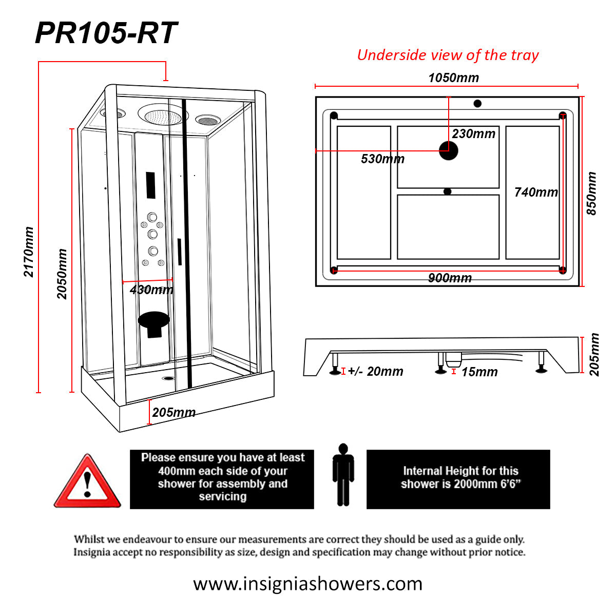 Insignia Premium 1050 x 850mm Rectangle Steam Shower Cabin - Chrome - Technical drawing