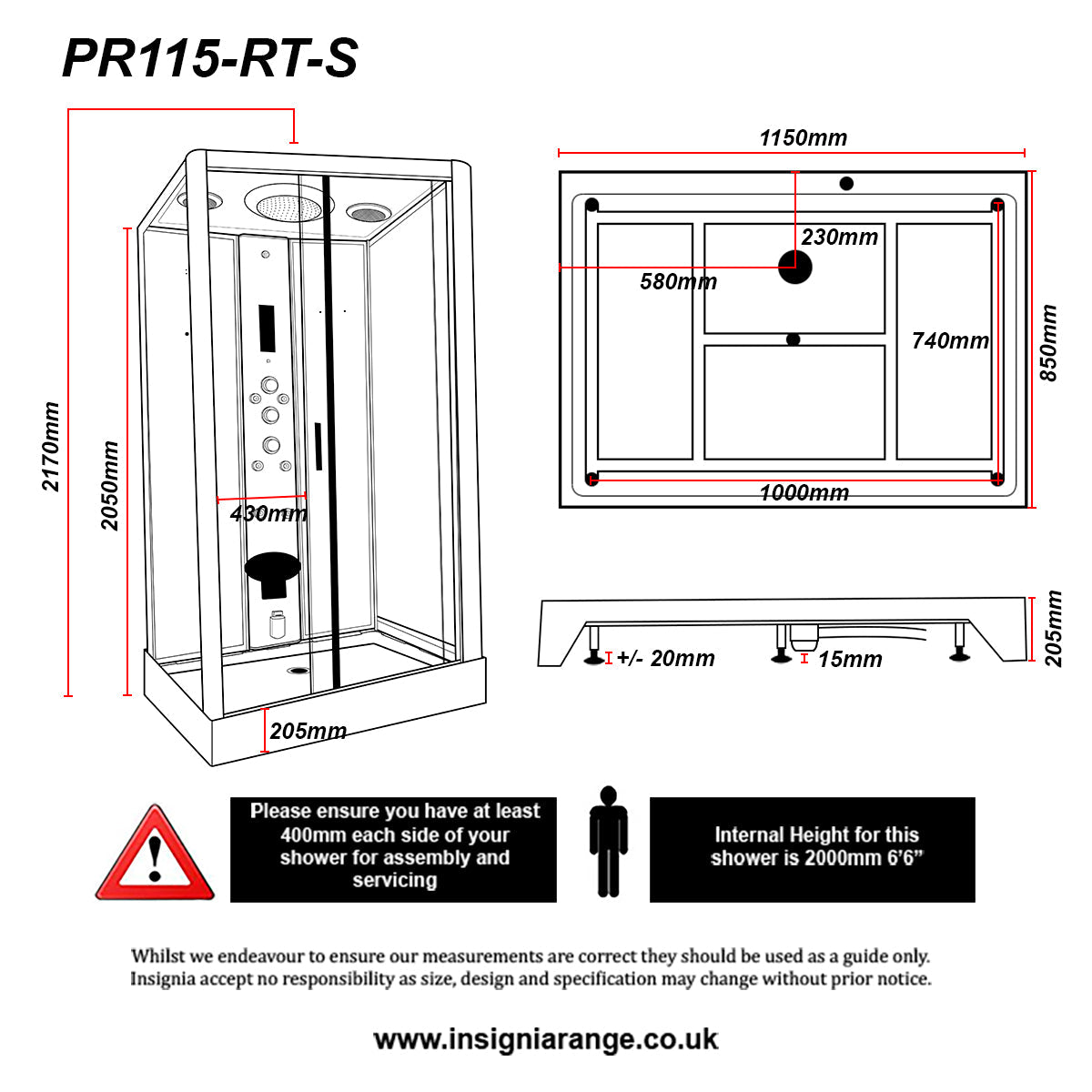 Insignia Premium 1150 x 850mm Rectangle Steam Shower Cabin - Chrome - Technical drawing