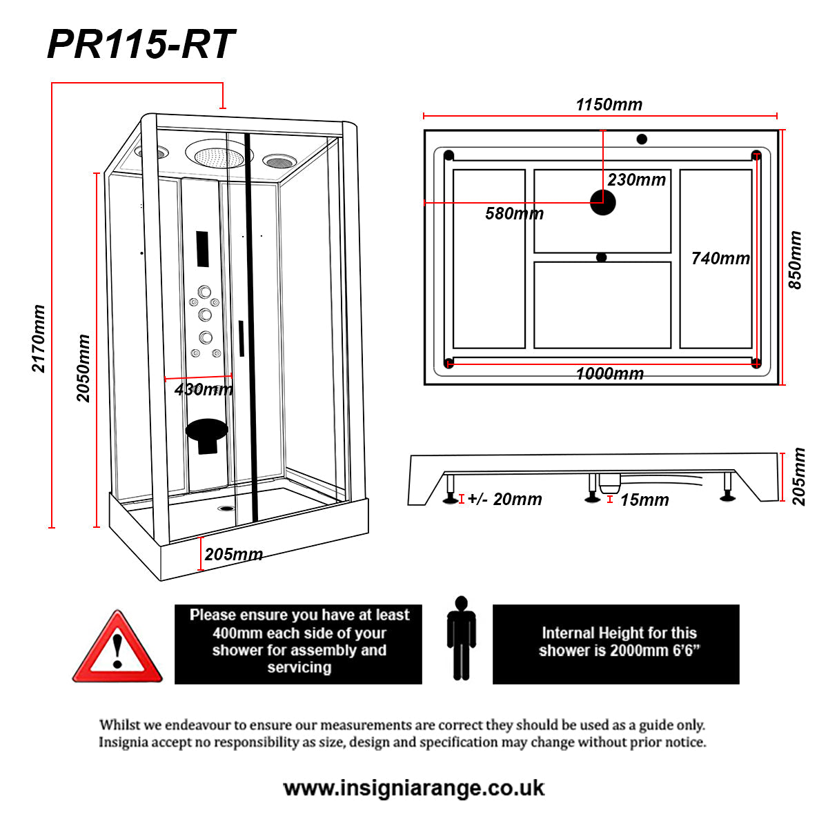 Insignia Premium 1150 x 850mm Rectangle Shower Cabin - Chrome - Technical drawing