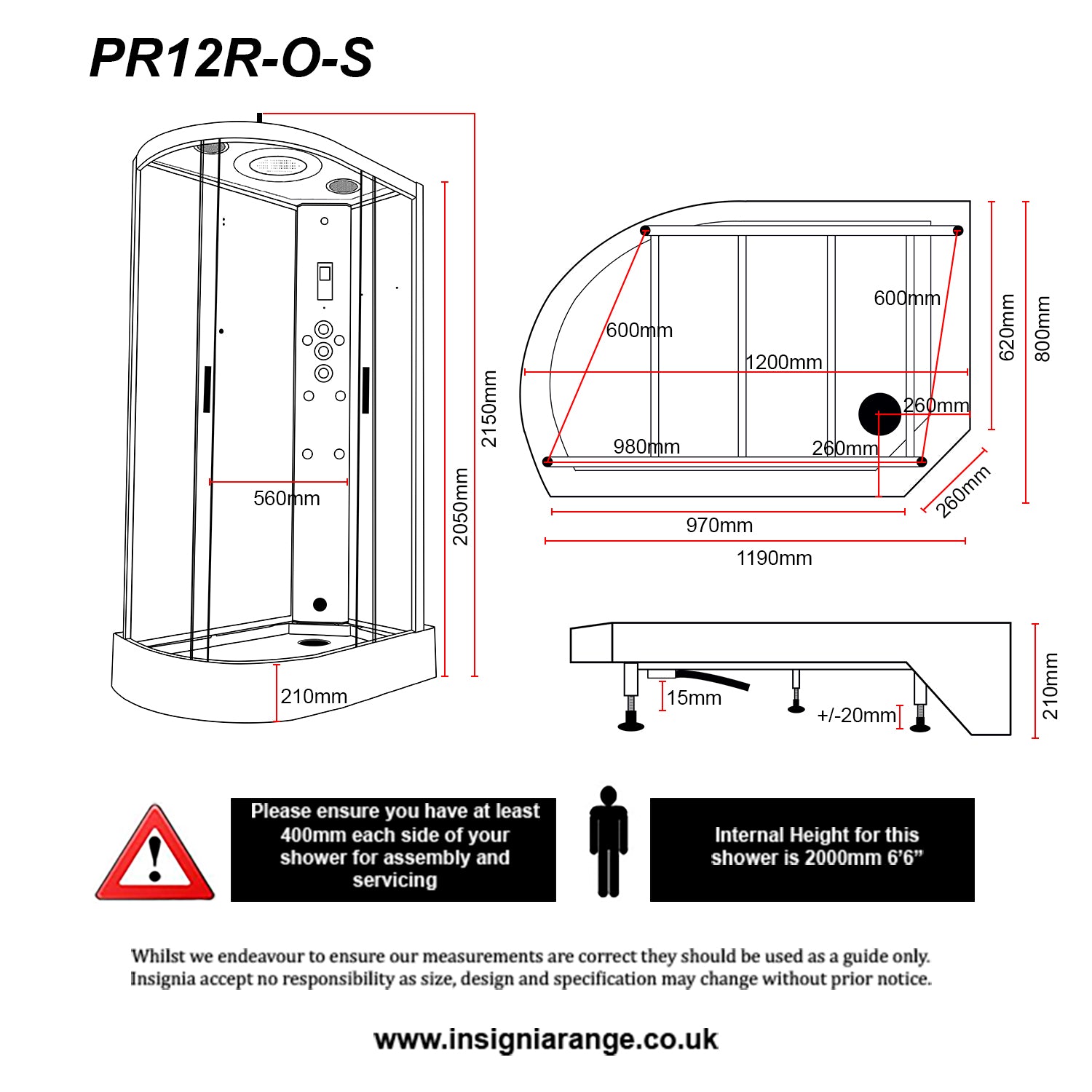 Insignia Premium 1200 x 800mm Quadrant Steam Shower Enclosure with Black Frame PR12R-OBF-CG-S - Right Hand - Technical drawing
