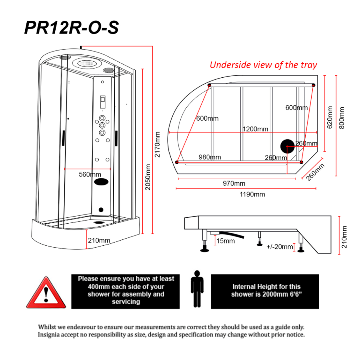 Insignia Premium 1200x800mm Quadrant Steam Shower Enclosure with Black Frame- Right Hand - Black Carbon - Technical drawing