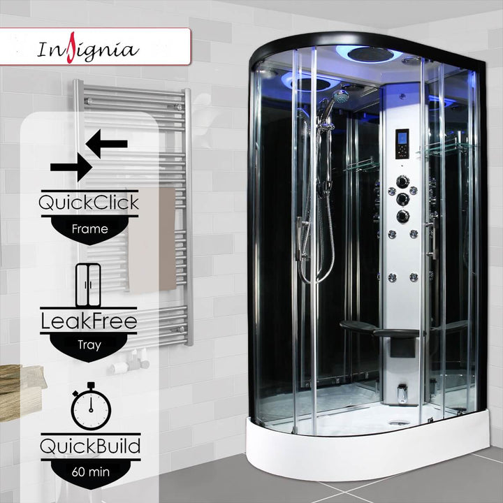 Insignia Premium 1200 x 800mm Quadrant Steam Shower Enclosure with Black Frame PR12R-OBF-CG-S - Right Hand