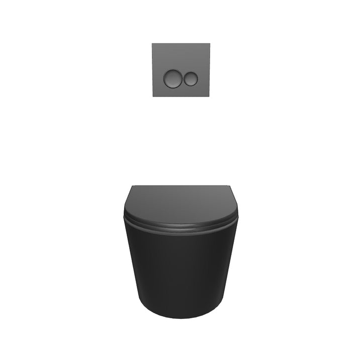 Arc Rimless Black Wall Hung Toilet &amp; SAN85 1.1m Wall Hung WC Frame Deal &amp; Black Flush Plate