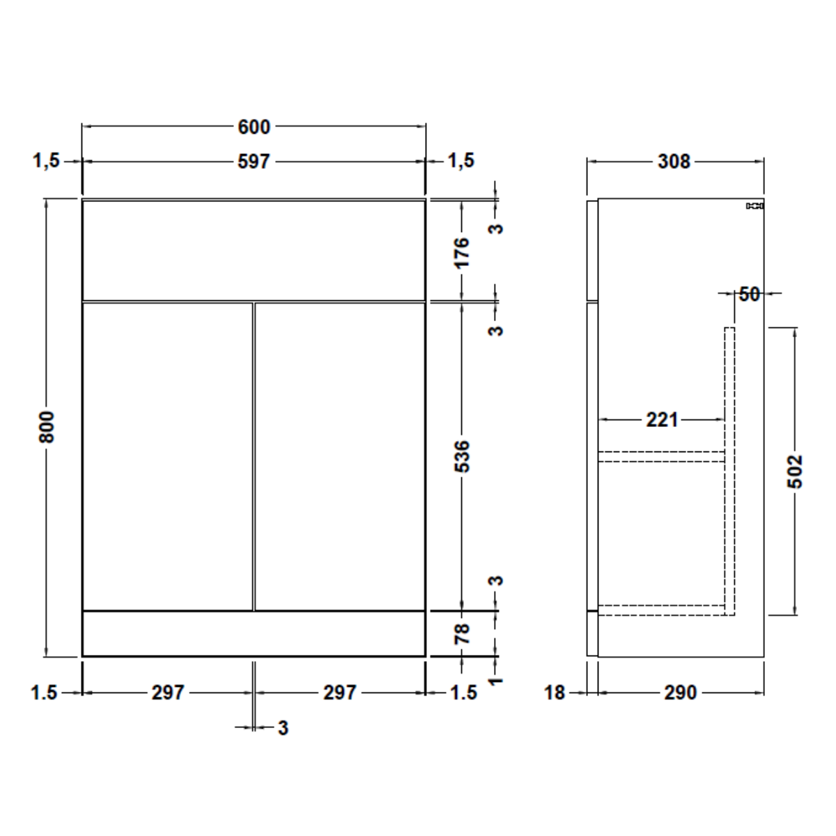 650mm Ikoma Unit and Basin - Halifax - Technical drawing
