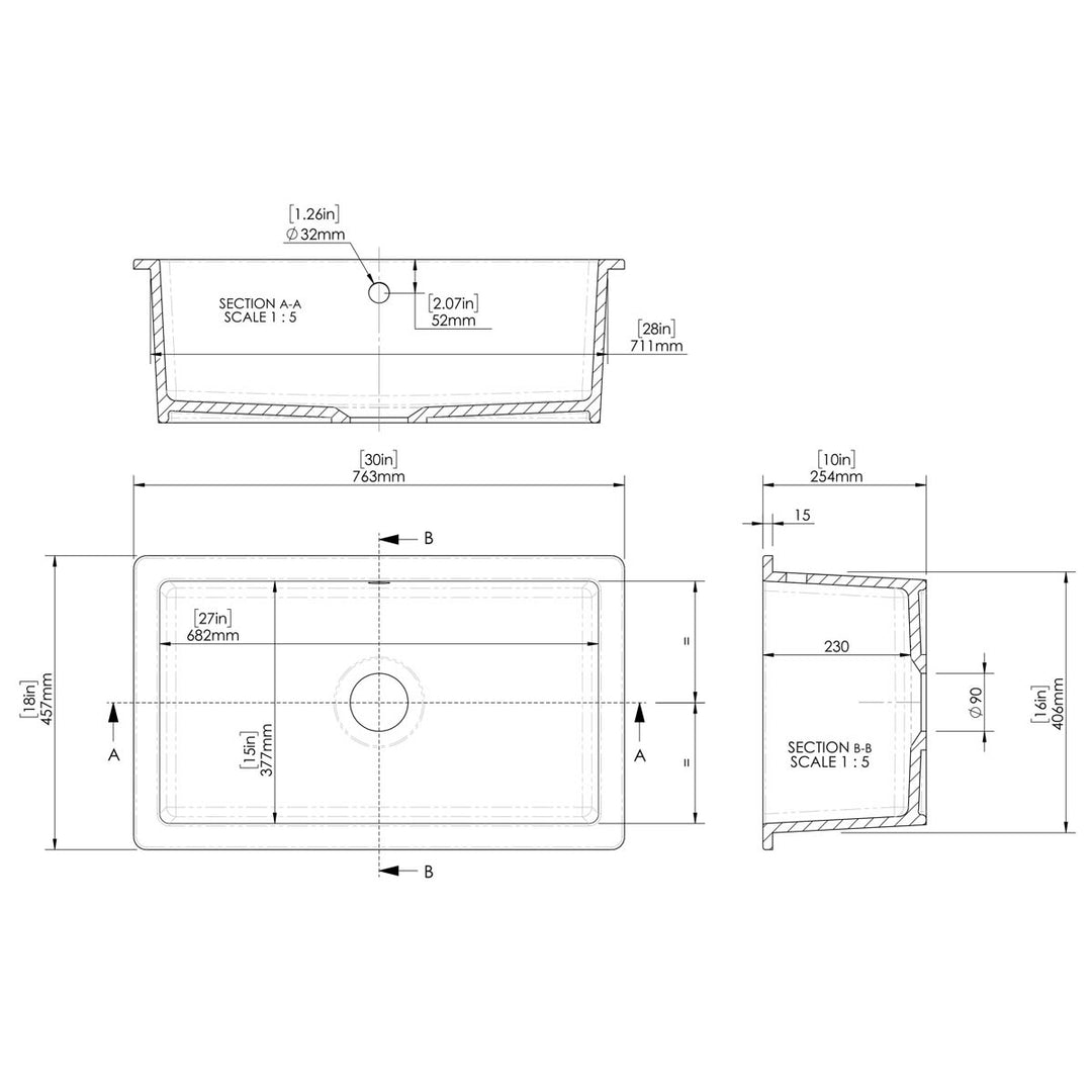 Nuie 762x457x254mm Inset or Undermount Sink with 90mm Central Waste &amp; Overflow - White