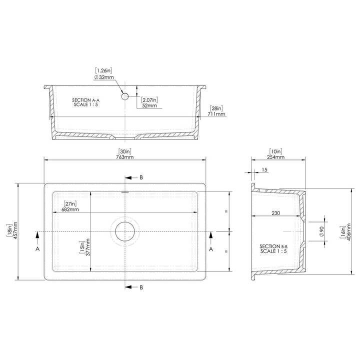 Nuie 762x457x254mm Inset or Undermount Sink with 90mm Central Waste &amp; Overflow - White
