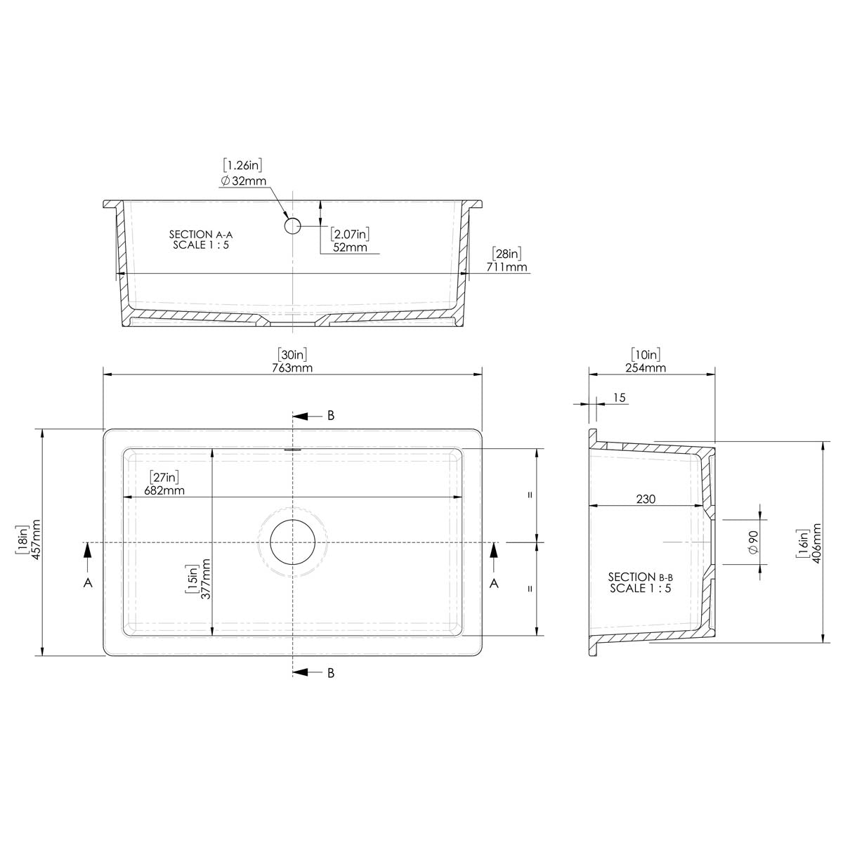 Nuie 762x457x254mm Inset or Undermount Sink with 90mm Central Waste & Overflow - White - Technical drawing