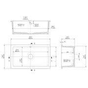 Nuie 762x457x254mm Inset or Undermount Sink with 90mm Central Waste & Overflow - White - Technical drawing