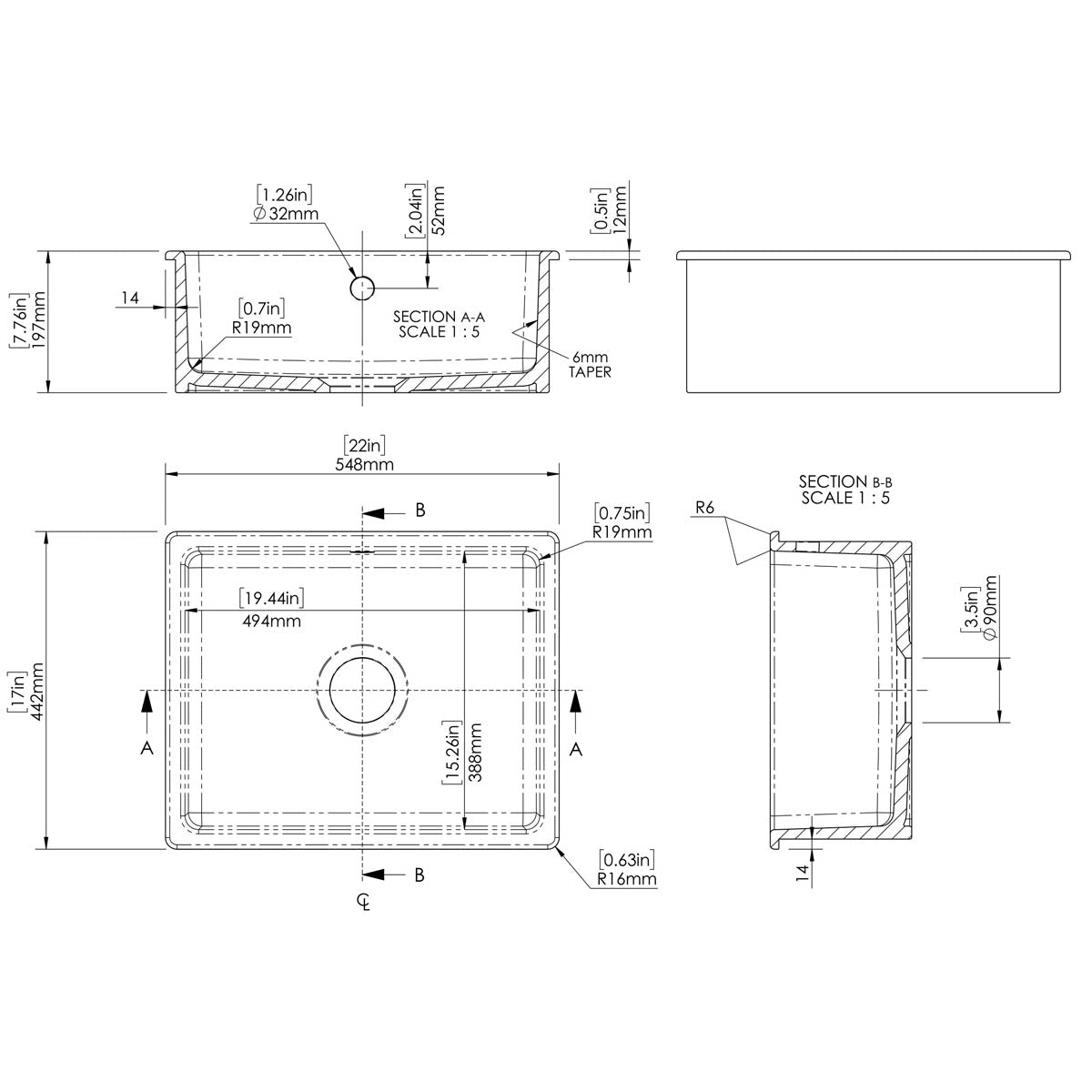 Nuie 548x442x197mm Inset or Undermount Sink with 90mm Central Waste & Overflow - White - Technical drawing
