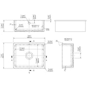 Nuie 548x442x197mm Inset or Undermount Sink with 90mm Central Waste & Overflow - White - Technical drawing