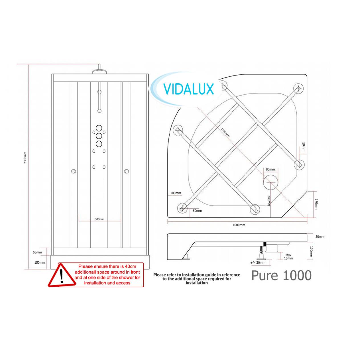 Vidalux Pure 1000mm Shower Cabin - Black - Technical drawing