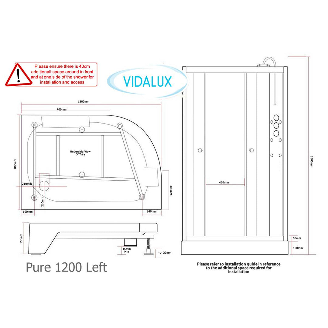 Vidalux Pure 1200mm Shower Cabin Left Hand - White
