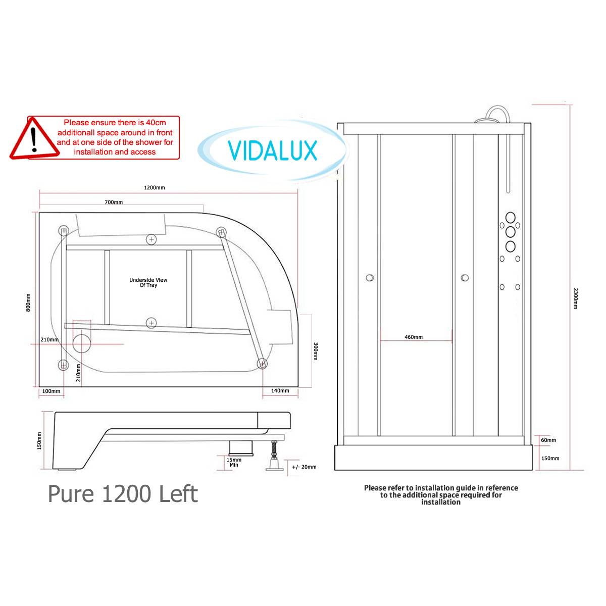 Vidalux Pure 1200mm Shower Cabin Left Hand - White - Technical drawing