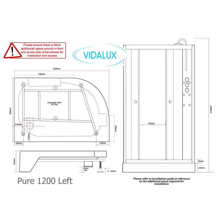 Vidalux Pure 1200mm Shower Cabin Left Hand - Black
