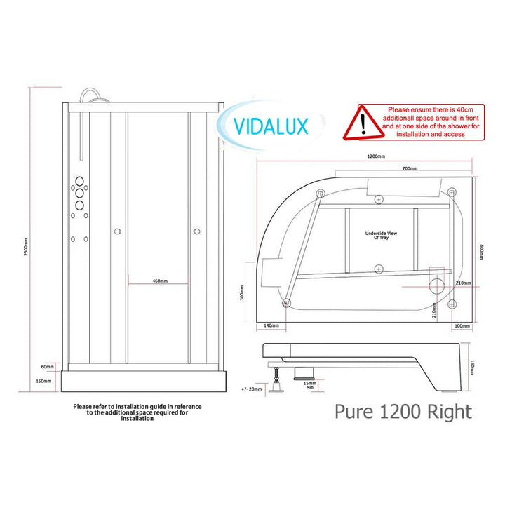 Vidalux Pure 1200mm Shower Cabin Right Hand - Black