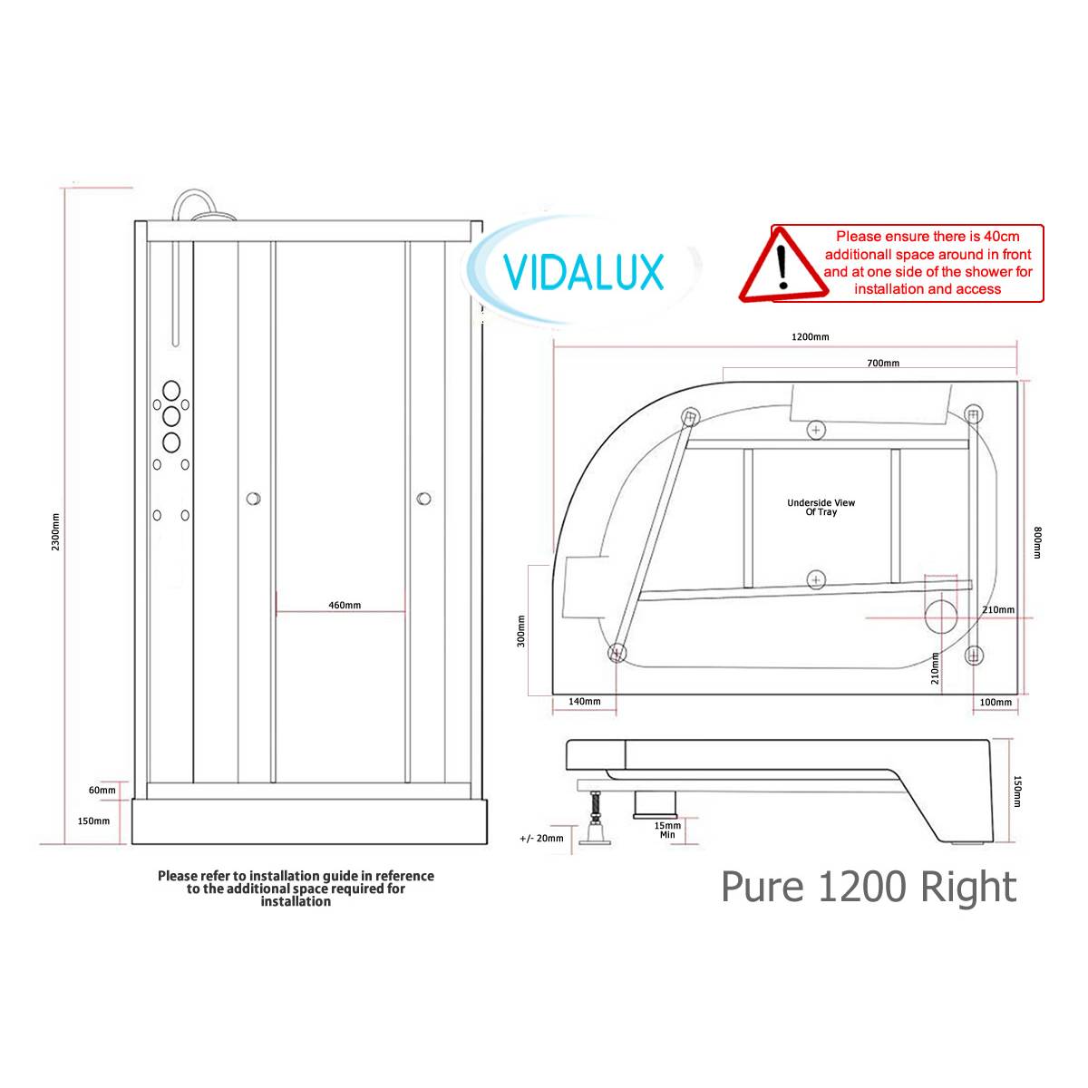 Vidalux Pure 1200mm Shower Cabin Right Hand - Black - Technical drawing