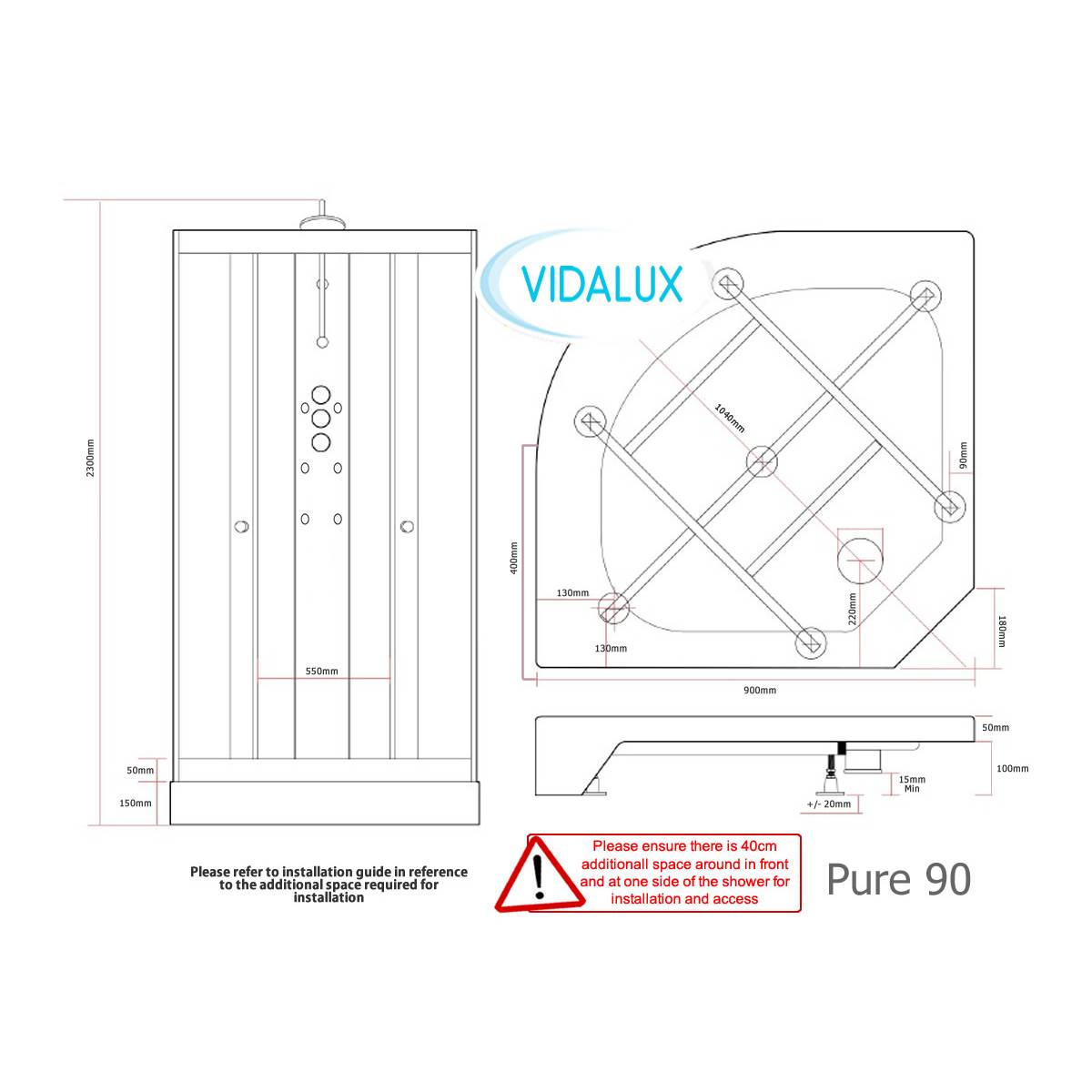 Vidalux Pure 900mm Shower Cabin - White - Technical drawing