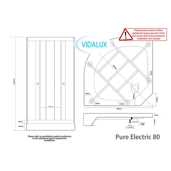 Vidalux Pure Electric 800mm Shower Cabin Black - Gun Metal 8.5KW