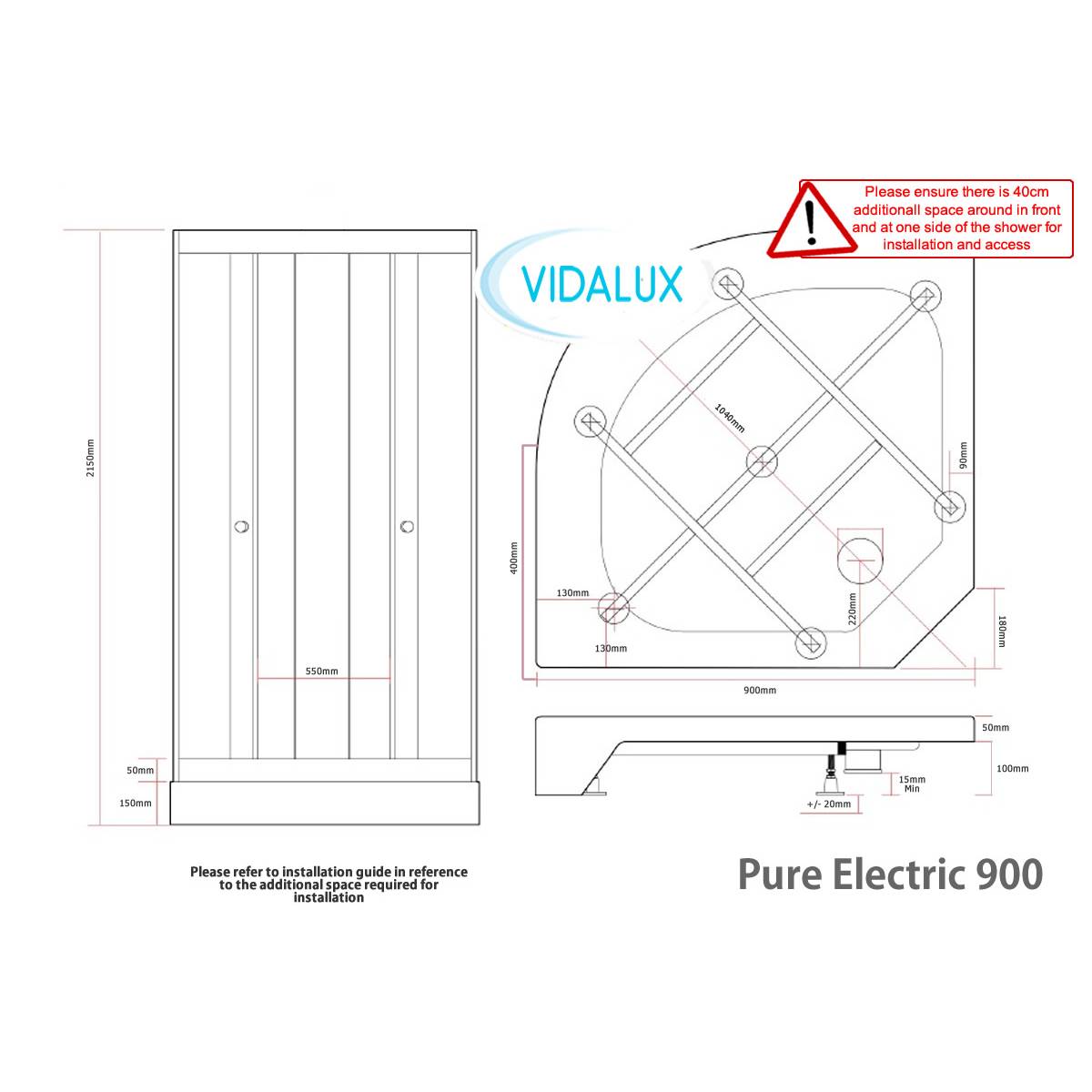 Vidalux Pure Electric 900mm Shower Cabin Black - Standard 9.5KW - Technical drawing