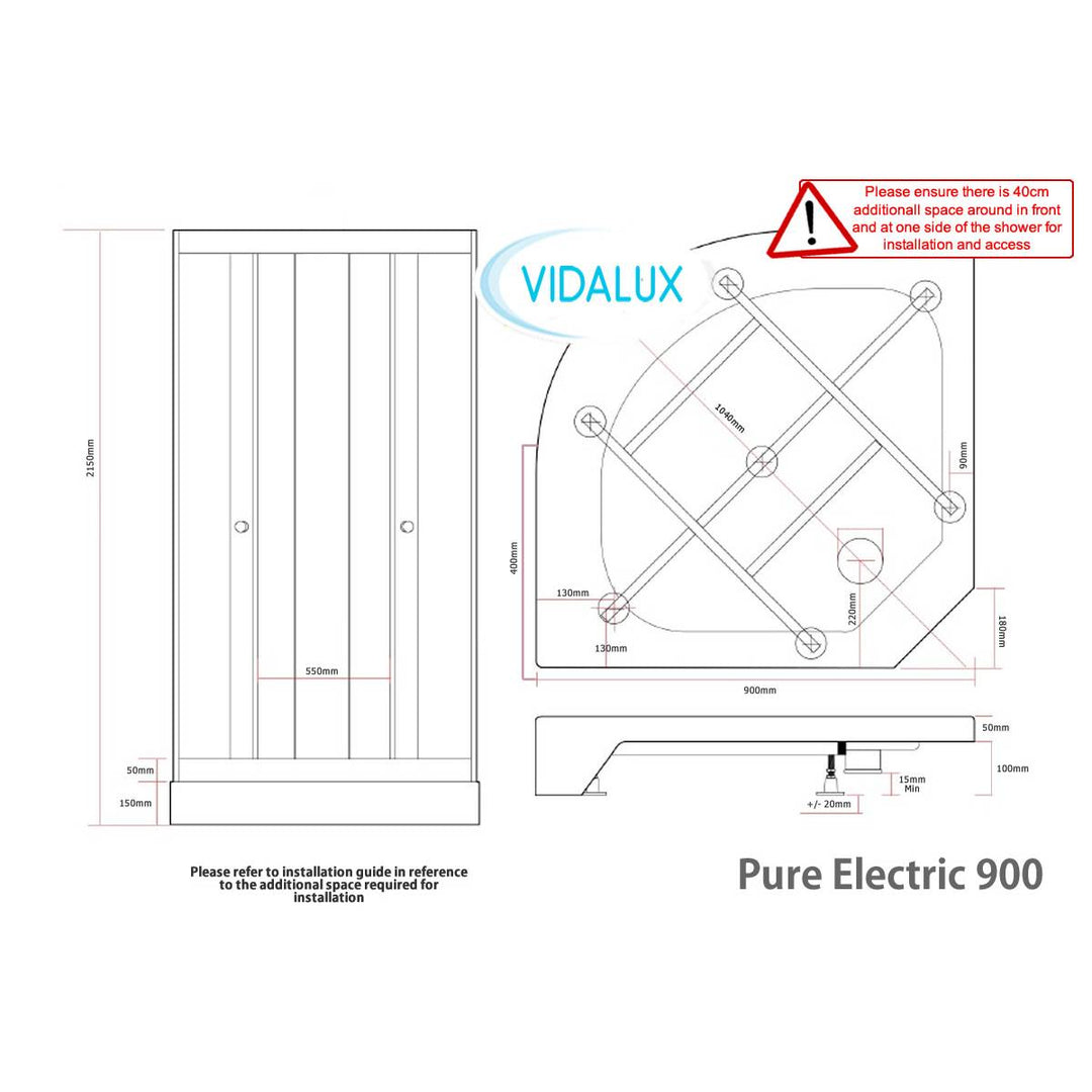 Vidalux Pure Electric 900mm Shower Cabin Black - Gun Metal 8.5KW