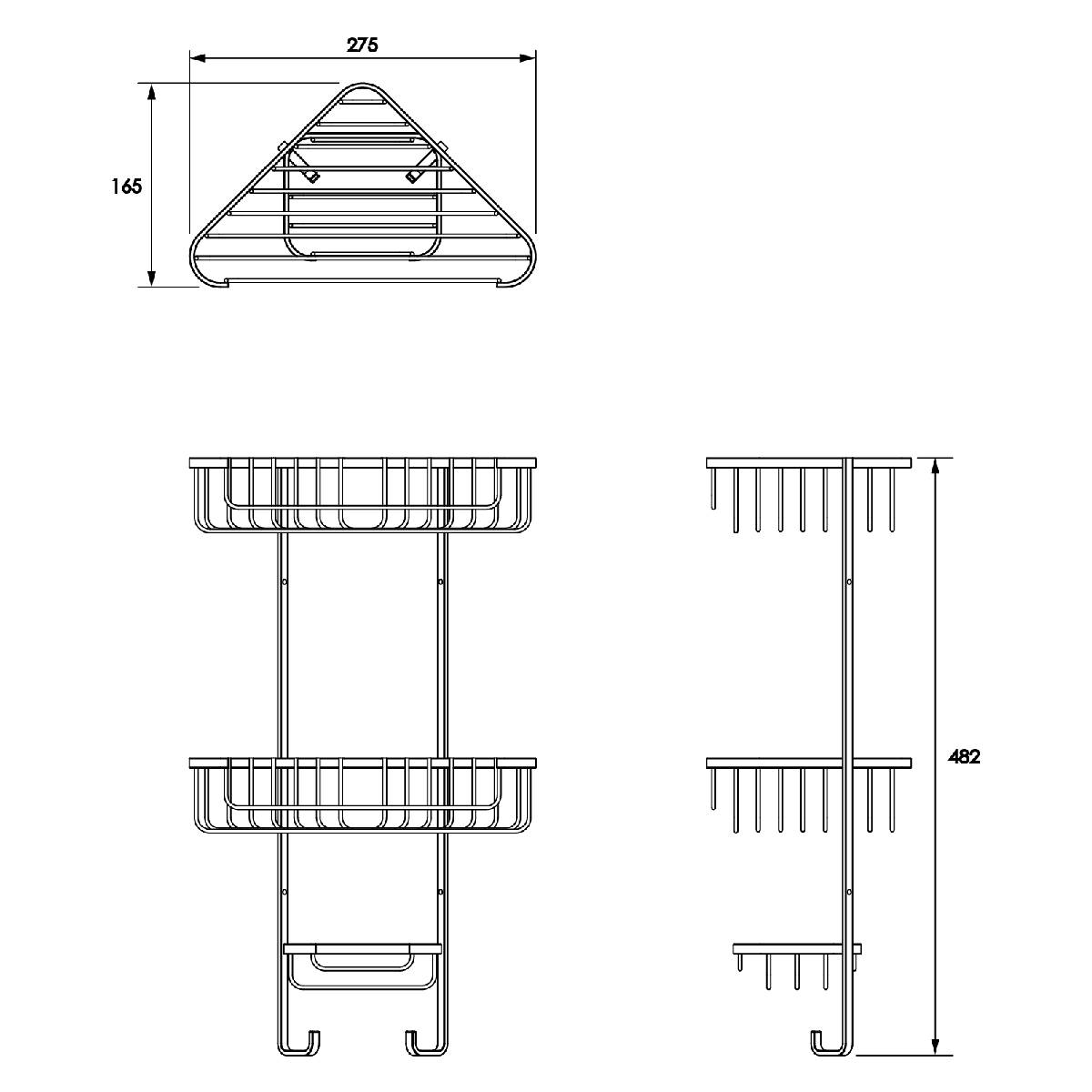 Croydex Stainless Steel Three Tier Corner Basket - Technical drawing