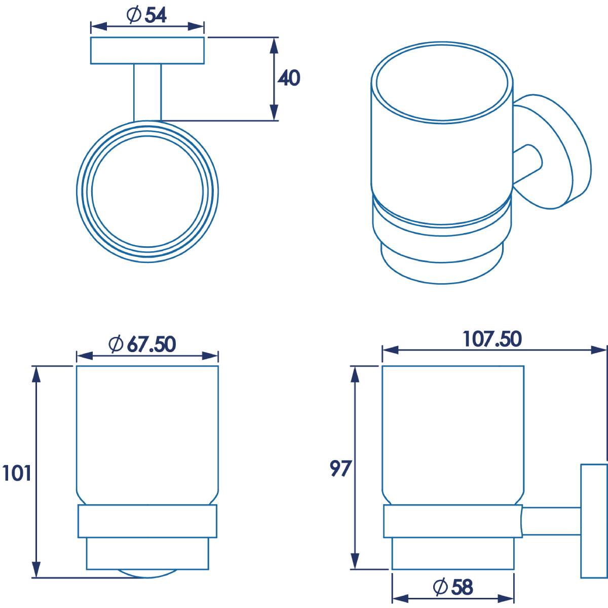 Croydex Pendle Tumbler & Holder - Technical drawing